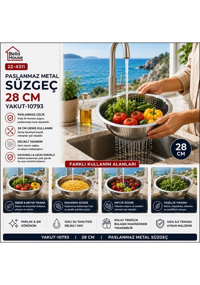 28cm Kulpsuz Paslanmaz Metal Sepet Süzgeç Bx40 50 x 22