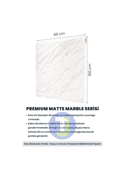 Technojet Kendinden Yapışkanlı Mat Mermer Desen Folyo Mutfak Banyo Tezgah Duvar Kaplama 60cmx100cm Beyaz