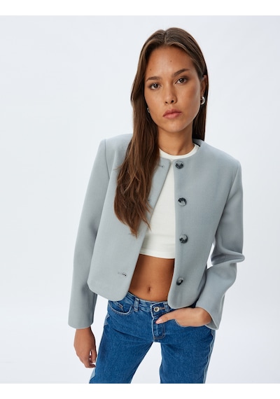 Koton Crop Ceket Yakasız Düğmeli Slim Fit Uzun Kollu Mavi 5wak20261ew Mavi
