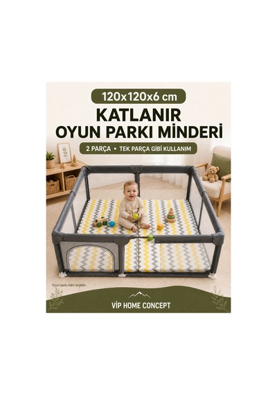 Oyun Alanına Uygun Katlanabilir Sünger Oyun Parkı Minderi Bebek Yatağı - Sarı Gri Zikzak 120x120x6 CM