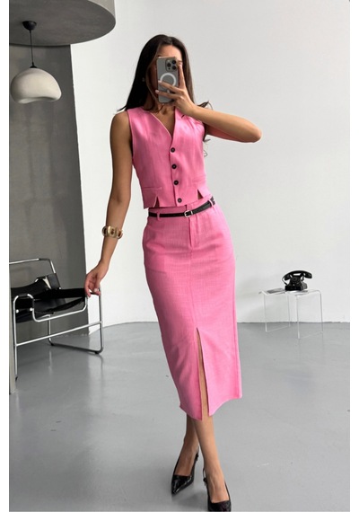 Dogutrend Yelek-önden Yırtmaçlı Etek Tk Şantuk Keten - Pembe