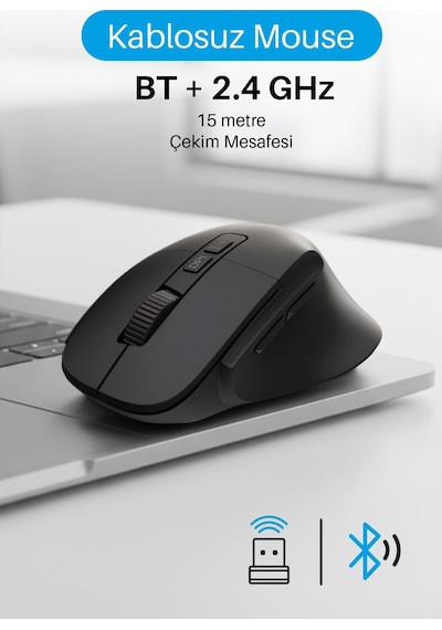 7658 Sessiz Tuşlu Kablosuz Mouse / Bluetooth + 2.4ghz Usb / Dpı 800-1200-1600 / 7 Tuşlu 7658