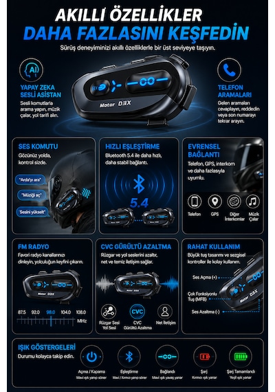 D3x Motosiklet İnterkom Bluetooth 5.4 Kask Kulaklığı 600 Metre Görüşme Hd Hoparlör Müzik Paylaşımı Ip56 Su Geçirmez