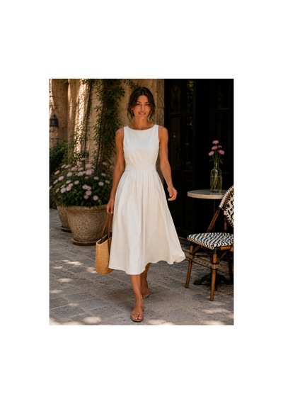 Bisou Zarif Kesimli Astarlı Midi Elbise Ekru