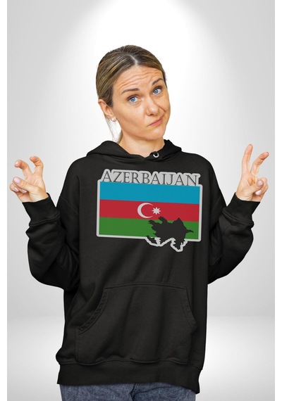 Azerbeycan Bayrak Ülke Kadın Erkek Siyah Kapüşonlu Sweatshirt Hoodie Siyah