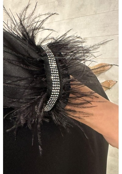 Ges Moda G0904 Kolları Otriş ve Taş Detaylı Elbise Siyah-siyah