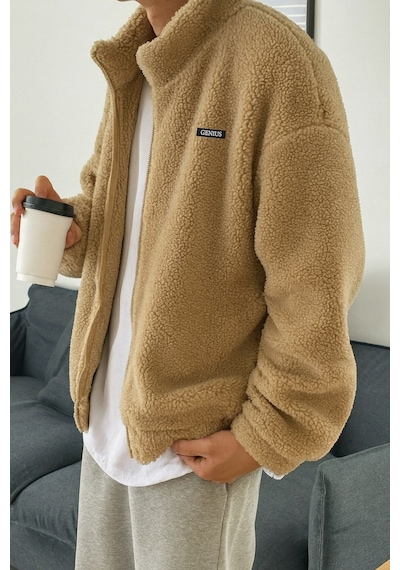 Genius Store Oversize Peluş Tam Fermuarlı Sweatshirt Peluş İçi Polarlı Sherpa Kumaş Sweatshirt Bej