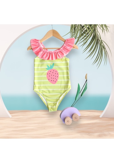 Lolliboomkids Kız Çocuk Çilek Desen Fırfır Yaka Yeşil Çizgili Pembe Detaylı Mayo Yeni Sezon Pembe - Su Yeşili
