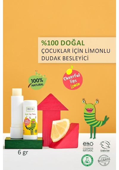 INCIA %100 Doğal Kids Dudak Besleyici Limonlu Bitkisel Nemlendirici Dudak Bakım Kremi 6 G