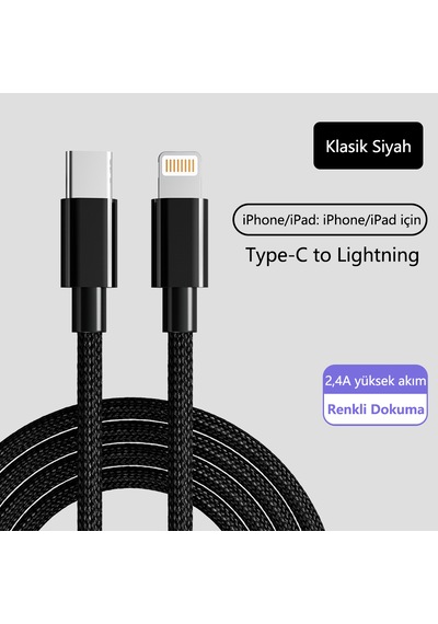 20w Type-c - Lightning Hızlı Şarj Kablosu Kalın Dokuma Apple Uyumlu iPhone 13/12/11/x Akıllı Çipli 1m Siyah 1m Type-c -