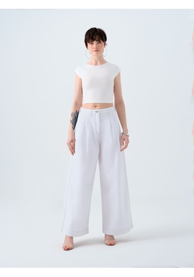 Pleated Palazzo Palazzo Fıt Kadın Pantolon Denim