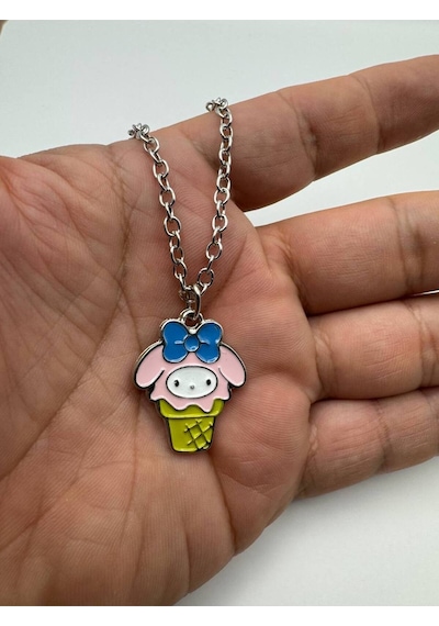 Dondurma Figürlü Hello Kitty Kolye Sevimli Pembe Unisex Takı 60 Cm Zincirli Çok renkli