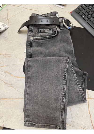 Ymr Moda Gri Kemerli Mom Kadın Kot Pantolon 23438-24 34 -32 42