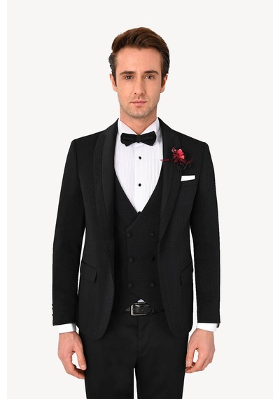 Erkek Siyah Slim Fit Şal Yaka Yelekli Damatlık