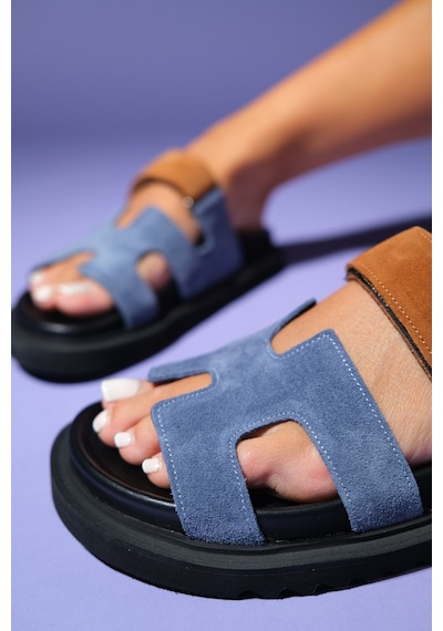 Luvishoes Luvi Shoes Morte Laci-taba Süet Hakiki Deri Kadın Terlik Lacivert - Taba