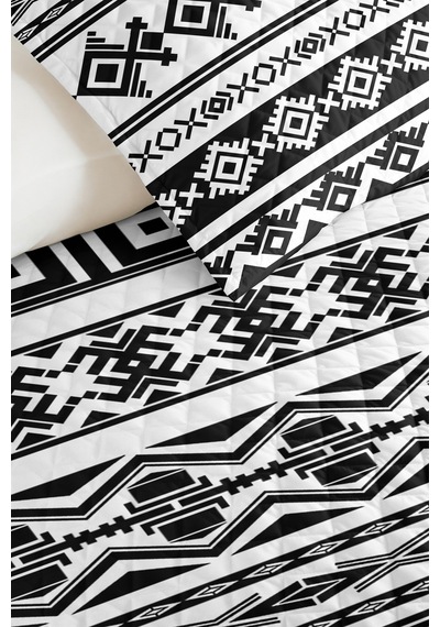 Siyah Geometrik Etnik Genç Odası Tek Kişilik Pike Takımı - Modern 160x220 Cm Kapitone Yatak Örtüsü Kumlu Anı Perdesi