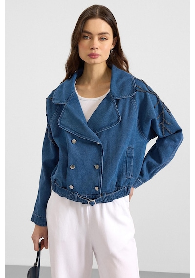 Olcay Kolu Boncuk İşlemeli Astarsız Denim Ceket Mavi 8283