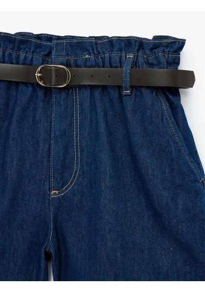 Koton Yüksek Bel Cepli Pamuklu Kemerli Denim Şort Koyu İndigo 6sal40038md