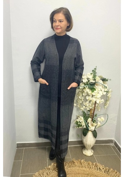 Mia Butik Büyük Beden Siyah Desenli Uzun Hırka Siyah