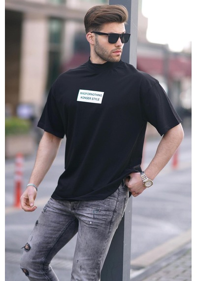 Madmext Siyah Yalancı Dik Yaka Oversize Erkek Tişört 7005-siyah Siyah