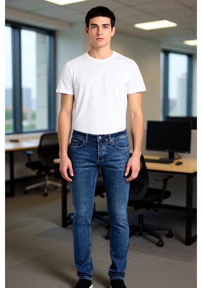 Ersefa Erkek Dar Kesim Esnek Denim Pantolon Eskitme Detaylı Fonksiyonel Koyu Mavi