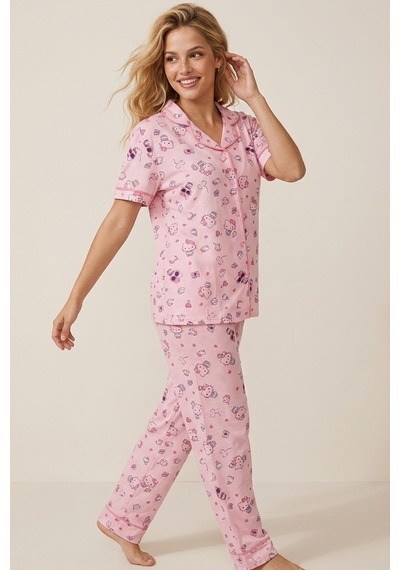 Siyah İnci Hello Kitty Lisanslı %100 Pamuk Pembe Çok Renkli Düğmeli Biyeli Pijama Takım 26120451