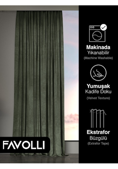 Br Favolli Kadife Dokulu Zeytin Yaprağı Rengi Ada Fon Perde Ekstrafor Büzgülü Dream Series Zeytin Yaprağı
