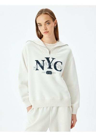 Koton Yarım Fermuarlı Baskılı Oversize Kolej Sweatshirt Ekru 5sal10516ık Ekru