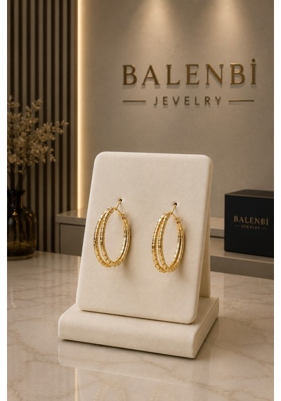 Balenbi Gold Renk Paslanmaz Çelik Kabartma Desenli Halka Küpe 1041 Altın