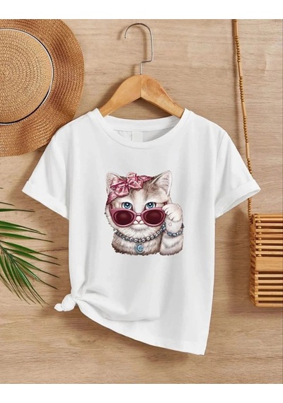 Barlashive Kız Çocuk Bisiklet Yaka Baskılı T-shirt - Beyaz Çok Renkli