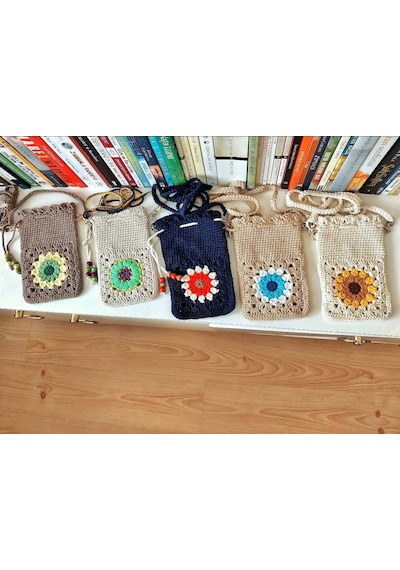 Kemzey Handmade Çiçekli Telefon Çantası, Motifli Tığ İşi Telefonluk, El Yapımı Telefon Kılıfları Taş - Sarı