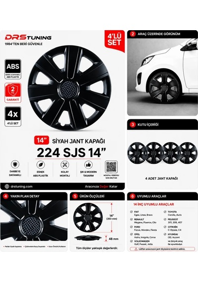 Alfa Romeo Uyumlu 14 Inç Kırılmaz Parlak Siyah Jant Kapağı 1 Takım 4 Adet No:224