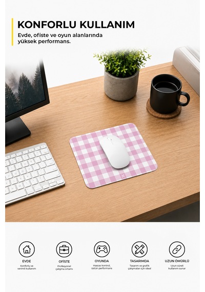 Pembe Ekose Pötikare Desenli Ergonomik Mouse Pad Kaymaz Taban Ev Ve Ofis Kullanımı Mousepad