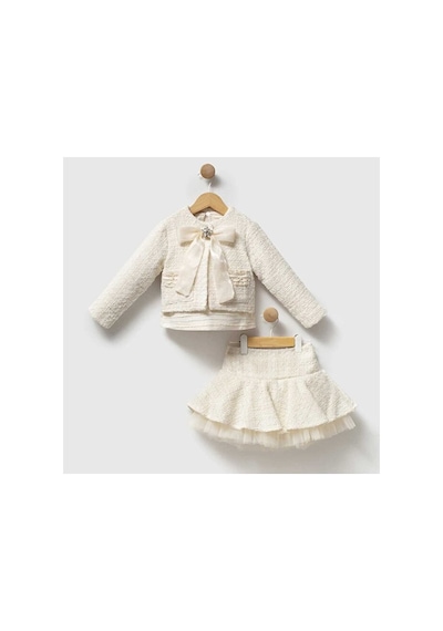 Ministok Ivory Elegance Kız Çocuk 3'lü Tüvit Takım Bluz, Ceket Ve Etek Ekru