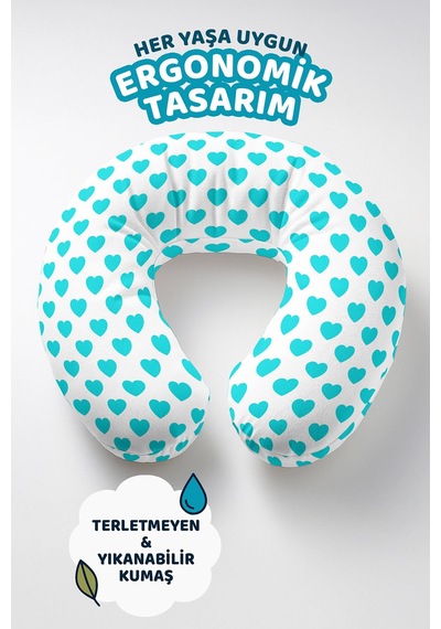 Turkuaz Kalp Desenli Boyun Yastığı - Modern Beyaz Mavi Yumuşak Seyahat Yastığı Buzlu Dumanlı Yosun