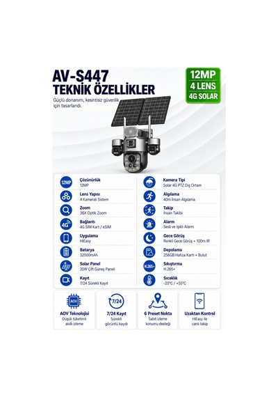 Tk-s1447 12mp 4 Kameralı 36x Optik Zoom 4g Esım Solar Ptz Kamera 32000mah Batarya 20w Panel