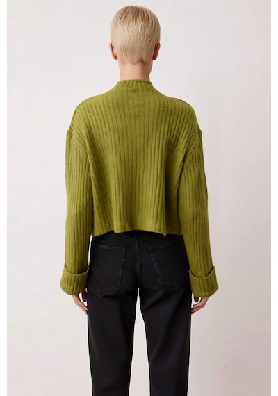 Benerly Kadın Dik Yaka Fitilli Dokuma Crop Oversize Triko Hırka Düşük Kol Yeşil