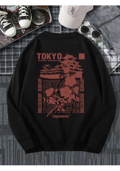Startmore Tarzsokak Japon Tokyo Sakura Baskı Bahar Rahat Kadın Kazak Kazak Sıcak Yumuşak Hoodies Gevşek Crewneck Siyah