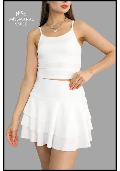 Mykonos Etek Ekru / Beyaz Içte Sabit Şortlu Yüksek Bel Likralı Bürümcük Kumaş Skirt With Shorts 1101 Ekru / Beyaz