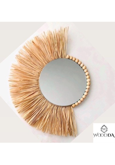 Woodda Dekoratif Ayna Yelpaze Rafya Ayna Boncuklu Duvar Süsü Bohemian Style Ayna