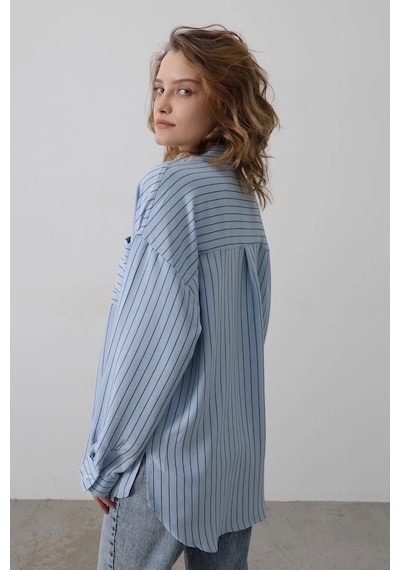 Defymoda Çizgili Tek Cep Gömlek - Bebe Mavisi Bebe Mavisi