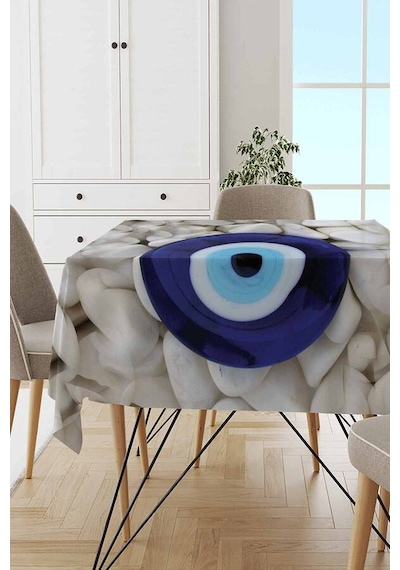 Lacivert 3d Nazar Boncuklu Leke Tutmaz Masa Örtüsü Mso277n11