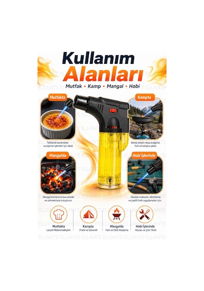 Pürmüz Çakmak Ayarlanabilir Alevli Emniyet Kilitli Şeffaf Gaz Hazneli Kompakt Mutfak Kamp Çakmağı Çok Renkli