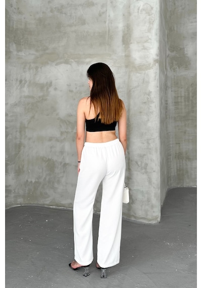 HLT Jeans Beyaz Kadın Bel Lastik Detaylı İnce Dökümlü Baggy Keten Pantolon Emily-3021 Beyaz