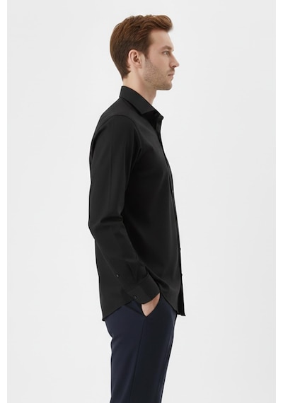 Sabri Özel Erkek Siyah Dar Kesim Slim Fit %100 Pamuk Dokuma Uzun Kollu Klasik Yaka Gömlek