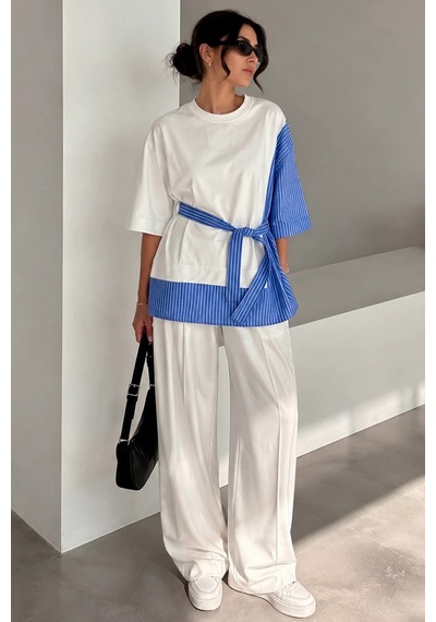 Bb Butik Basic Dokuma Garnili Kuşaklı Oversize Bluz Çizgili Detaylı Salaş Kesim Kadın Bluz My3535 Mavi Bb Butik Basic Dokuma Garnili Kuşaklı Oversize Bluz Çizgili Detaylı Salaş Kesim Kadın Bluz My3535 Mavi