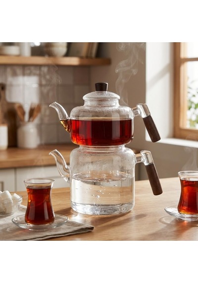 Akasya Cam Çaydanlık Takımı 1800 Ml + 950 Ml - Ahşap Kulplu Isıya Dayanıklı Borosilikat Şeffaf Çaydanlık çok renkli