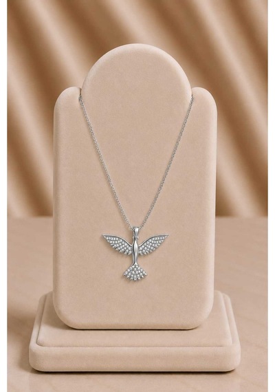 Taşlı Kanatlı Kuş Figürlü Silver Renk Çelik Kolye Gümüş