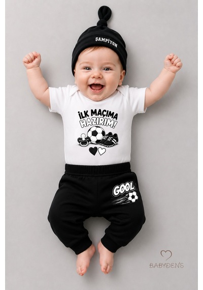 Babyden's Bebek 3'lü Takım Siyah Beyaz Taraftar Temalı Kısa Kol %100 Pamuk Yenidoğan Seti İlk Maçıma Hazırım
