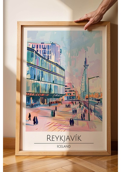 İzlanda Reykjavik Temalı Çerçeveli Tablo Travel Serisi Modern İllüstrasyon Şehir Duvar Dekoru Kayın